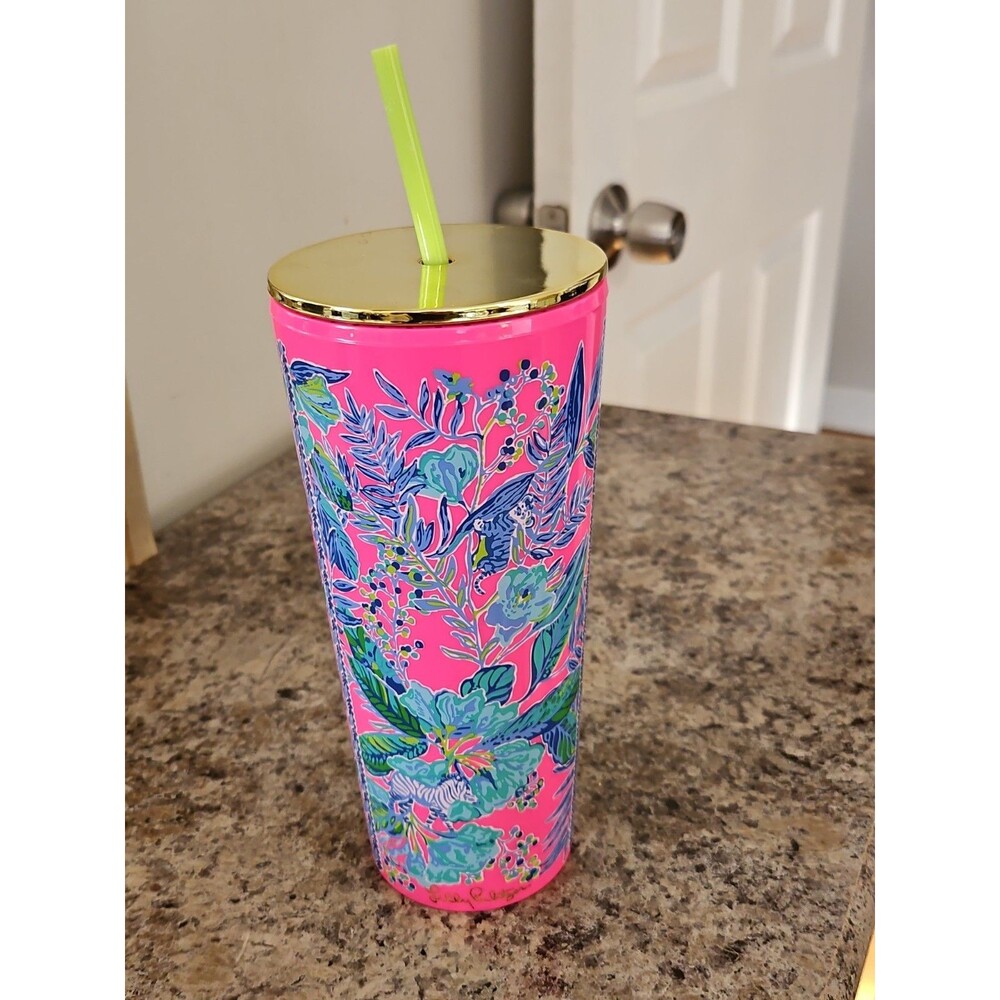 Lilly Pulitzer Tumbler With Straw Lil Earned Stripes Zebra Pink 24 oz. EUC